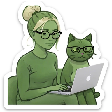 Blonde woman ponytail  with cat and MacBook  sticker