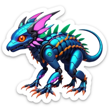 Tropical futuristic lush warm-colored modern colorful neon-colored cyber-Fakémon-Digimon-Trico-creature sticker