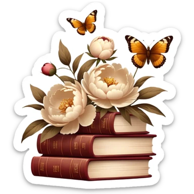 Peonies in muted beige and amber tones stand among rustic brown-red books. Gentle brown butterflies dance in the soft, vintage light. sticker