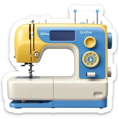 Modern Brother-style computerized sewing machine emoji, white and this yellow #FFB31E and light gray with a blue thread spool, small LCD screen and round dial, three-quarter view, soft gradients and shadows in Apple emoji style, plain light background. sticker