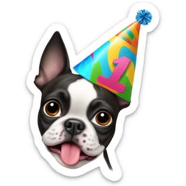 Boston terrier wearing birthday hat and # sticker