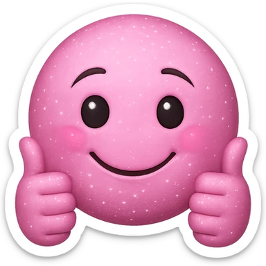 Make the pink glittery smiley face giving two thumbs up look less creepy and more friendly, with a gentle smile and kind eyes. Keep the glitter and pink color. No background. The style is a pink glittery emoji with glitter and thumbs up. sticker
