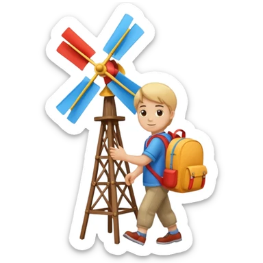 Boy carrying toy windmill backpack sticker