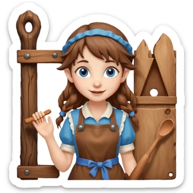 Kind happy whimsical quirky Girl toymaker, wood carving elf. Woodland creator. Blue eyes. brown hair (just below chin length) wavy hair & bangs. Whimsical playful cute sticker