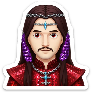Vlad Tepes with long dark brown hair, dark red sequin outfit sticker