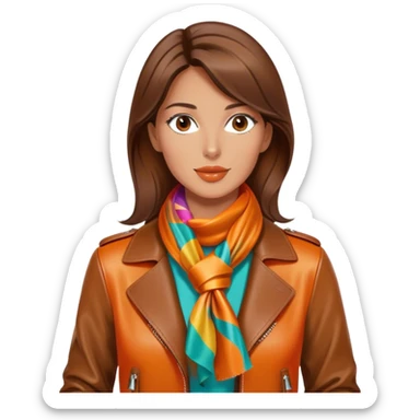 Elegant and tan woman wearing a leather Hermes jacket and a multicolored silk scarf around her neck. She has an orange Hermes Birkin Bag. I want the image to be close up, starting from the waist up.  sticker