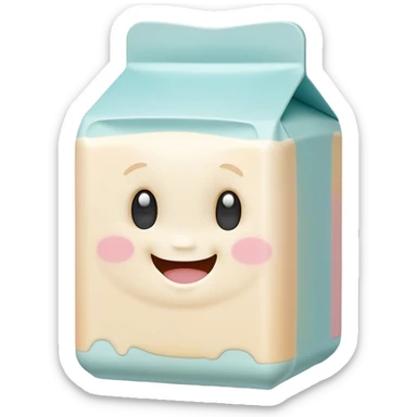 Cinematic adorable milk carton, soft pastel colors, tiny rounded edges, chubby smiling face, warm glowing highlights, gently tilting in a playful pose. sticker