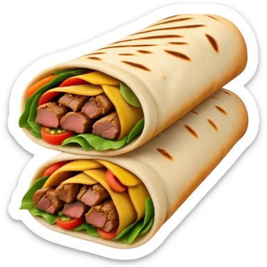 Cinematic Realistic Shawarma Dish Emoji, showcasing spiced, succulent meat wrapped in flatbread with fresh vegetables rendered with lifelike detail and dynamic, appetizing lighting. sticker