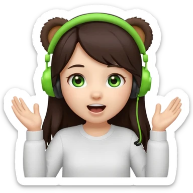 Animated emoji, Chibi girl, long dark brown hair, green eyes, wearing a white shirt and small brown bear ears on a black headset, with wide happy surprised eyes and mouth and clapping excitedly sticker