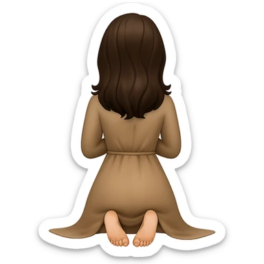 Create a woman kneeling and praying from the back view, with her feet visible and out behind her, wearing a long tan dress, with dark brown hair, matching the body figure of the reference image. The style should resemble emoji style. Remove the background. sticker