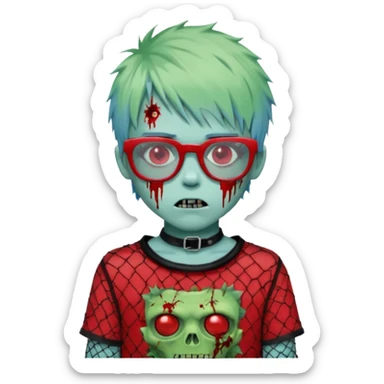 White hair, Ghoulia yelps monster high doll in scene/emo style cherry print dress with fishnet sleeves, clothes, thin, small, red, rectangle glasses, pale white-blue skin, pale-green shaggy short hair , zombie scars , boy, punk choker sticker