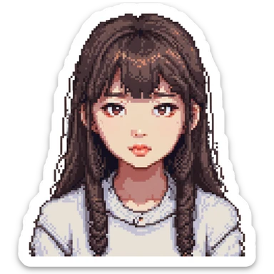Asian girl with thin bangs, long hair, round eyes without double eyelids, pixel art style sticker