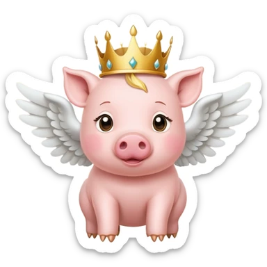 a cute little pink pig flying cross with angel wings and gold crown on it's head sticker