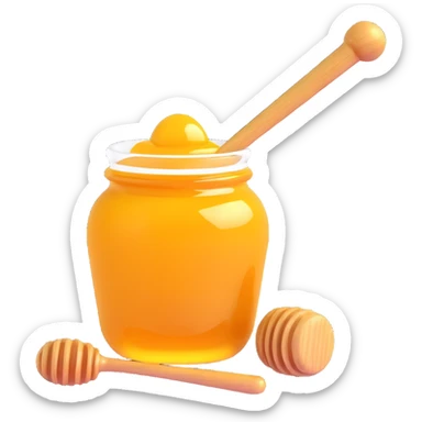 3D emoji style honey jar, with a wooden dipper inside, golden honey, simple and expressive sticker