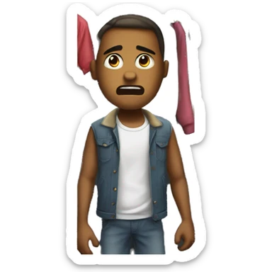 the child is angry and there is a closet with clothes next to him sticker