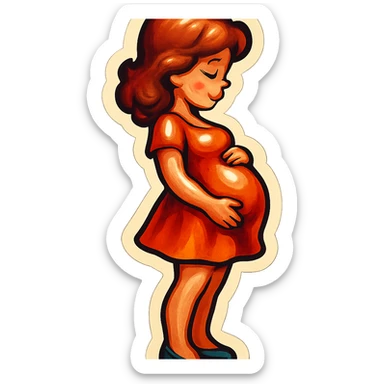 pregnant girl in short dress standing sideways holding belly, retro stickers style, soft rounded shapes, expressive contours, vintage color palette, light paper texture, shadows and highlights, transparent background sticker