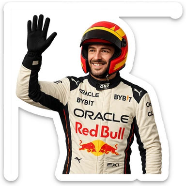 Formula 1 driver waving to fans, wearing racing gear, friendly expression sticker