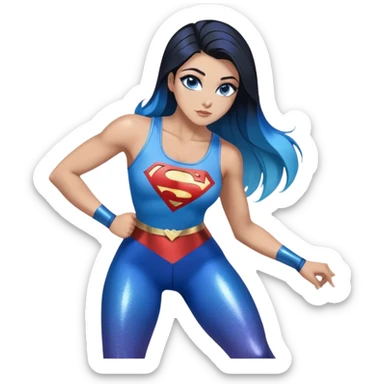 Texting-very very very large upper body-sexy face-bending forward at waist-very long very straight dark blue to light blue ombre hair-and-blue eyes-thick black eyeliner-thick long eyelashes-iridescent blue lowcut tanktop with black leggings with glitter superman logo sticker