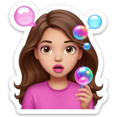 girl with long wavy brown hair, brown eyes, light to medium complexion, in a pink shirt, pink lips, long lashes, surprised, wow bubble sticker