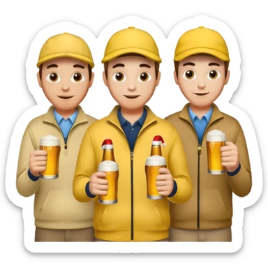 16 men on a golf trip wearing yellow golf caps all holding a beer can with a Xmas style label. Has to be 16 of them. sticker