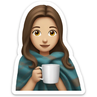 White girl with long brown hair and a blanket and a cup sticker