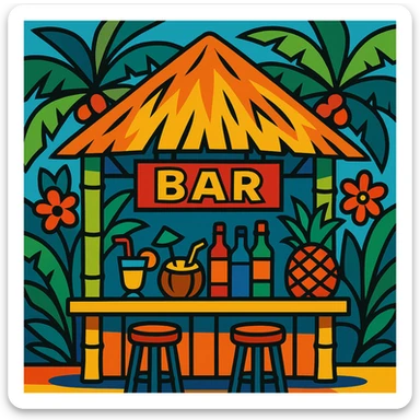 a bar in Hawaiian style, with tropical decor, palm leaves, bamboo, and vibrant colors sticker