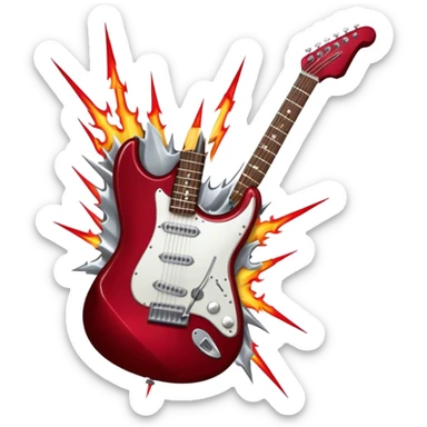 Create a fierce and edgy emoji representing hardcore rock vocal performance in a humanless collage. The design should feature a vintage microphone at the center, Add crossed drumsticks behind the microphone to symbolize the rhythm and power of the drums. surrounded by a menacing, distorted electric guitar with sharp, aggressive angles. Include subtle elements like lightning bolts, flames, or jagged sound waves to evoke the raw energy and intensity of hardcore rock. Use dark, intense colors like black, red, and silver, with a metallic, gritty finish to convey the rebellious, aggressive spirit of the genre. The background should be transparent. sticker