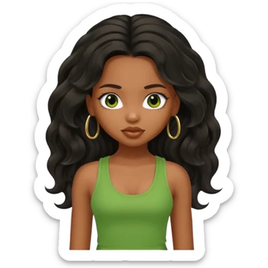 a pretty bratz brown girl with long wavy black color hair and green tank top on sticker