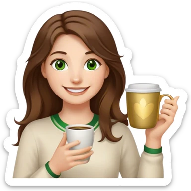 Long, Brown haired girl with middle hair part, green eyes, gold hoop nose ring, smiling, waving with one hand, coffee mug in the other sticker