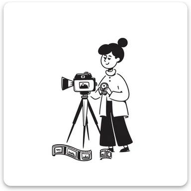 Hand-drawn film strips and an old school film camera with a photographer sticker
