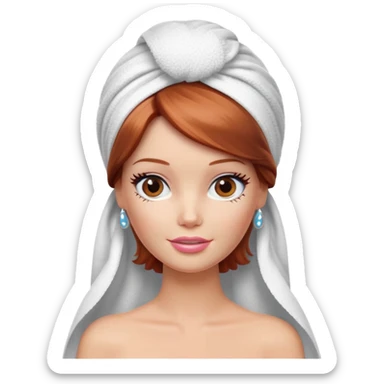 A Barbie face with shoulder-length reddish brown hair, makeup with cream on her face and a towel on her head sticker