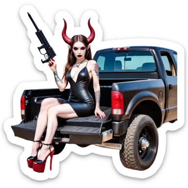 Lilith model red eye sexy black  devil horns.  long brown haired sexy succubus woman with leather long dress slit, sitting on big Large F350 pickup truck. Black Platform high heels on feet. Tattoo sleeve arms, dead human skull of her ex skull is on top of stack of cash and a gun in  hand sticker