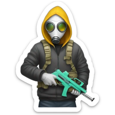 white man with hoodie and gas mask and paint gun sticker