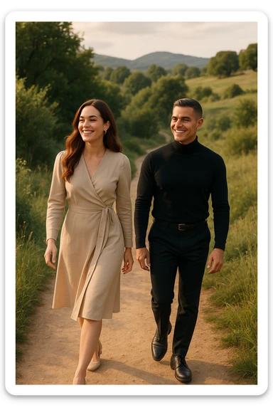 a man and a woman walk together along a winding path in a natural landscape. In one version, the woman leads confidently while the man follows a few steps behind, looking at lei con ammirazione. In un’altra versione, i ruoli sono invertiti, con l’uomo che guida e la donna che lo segue sorridendo. La scena trasmette l’idea che entrambi possano guidare o seguire, a seconda del momento. sticker