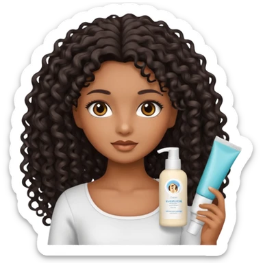 Uma boneca morena com olhos castanhos e cabelo cacheado longo preto, com creme de pentear na mão da Salon line sticker