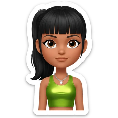 Left Eye from TLC with brown eyes, black ponytail hair with bang, lime green metallic crop top, silver necklace sticker