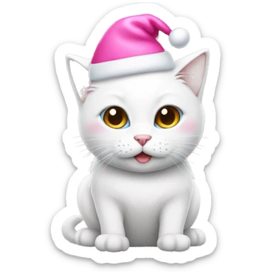 white cat with a pink christmas hat sticker
