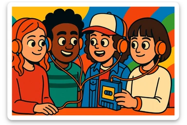 Stranger Things inspired characters sharing headphones and a cassette tape player, vibrant toon style, wide aspect ratio 16:9 sticker