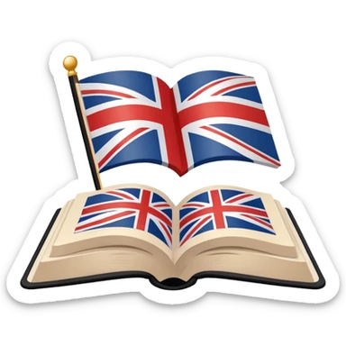 Minimalistic flat vector icon, iOS style, thin black contour on white background. Open book with a small UK/USA flag symbol. No text, no shadows. sticker