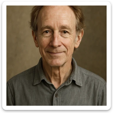 bust portrait of a slender older man with graying red hair, brown eyes, friendly expression sticker