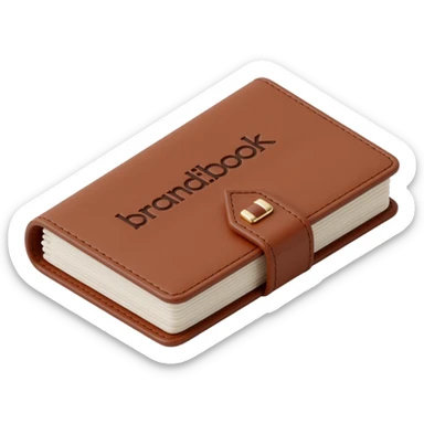 leather-bound notebook with stitching and 'brandbook' in bold written on it, skeuomorphism icon style sticker