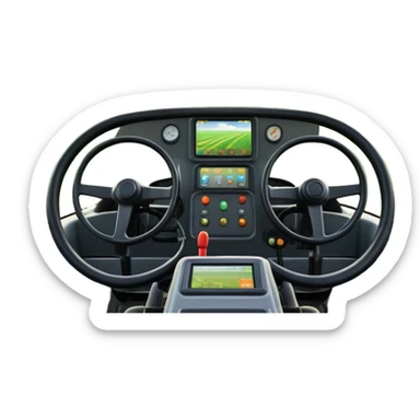 a view from the tractor cabin, with the dashboard in focus, overlooking a vibrant rural landscape. Inspired by Farming Simulator 22, the scene includes fields, crops, and distant barns under a bright sky. The design highlights the immersive experience of farm management. transparent background sticker