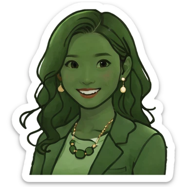 Beautiful 19-year-old Korean young woman with fair skin, brown hair, brown eyes, eyelashes, smiling lips, and long wavy hair with a middle part sticker