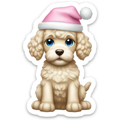 Cream cockapoo puppy whole body with pastel blue eyes, and with pink Christmas hat sticker