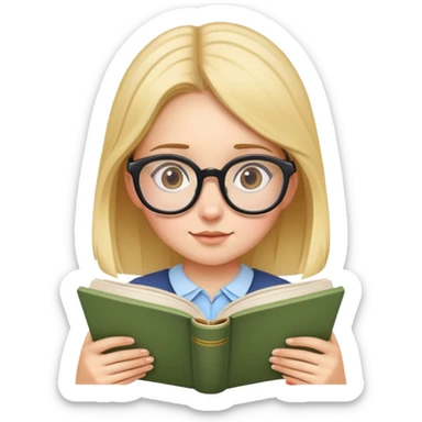 Girl with glasses focused on reading a storybook sticker