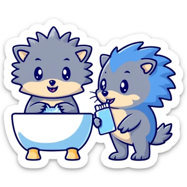 Cute blue hedgehog and silver hedgehog brushing teeth in bathroom sticker