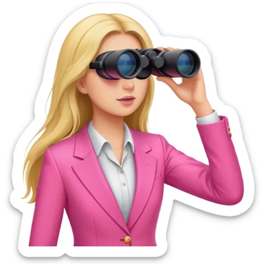 woman with long hair in an intensive color pink suit looking through binoculars sticker