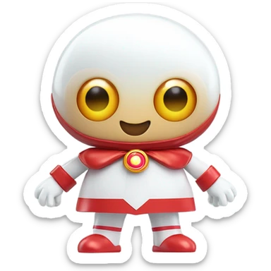 Very shiny full body character with pill capsule head with retro antennae and jetsons aesthetic sailor moon eyes  puffy body and welcoming waving arms Japanese animation inspired Anpanman with big boots and antennae red and white colors only sticker