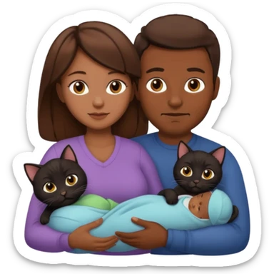 1 mom brown hair, 1 dad no beard, 1 baby and 1 black cat sticker