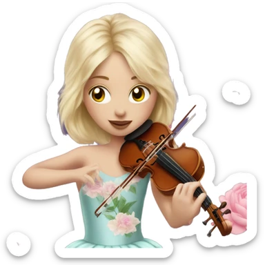 blonde with skin girl with soft pastel tutu playing violin with peonies and sparkles realistic coquette sticker